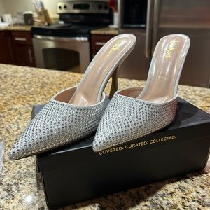 Lulu’s white rhinestone slide mule pumps with glitter heel